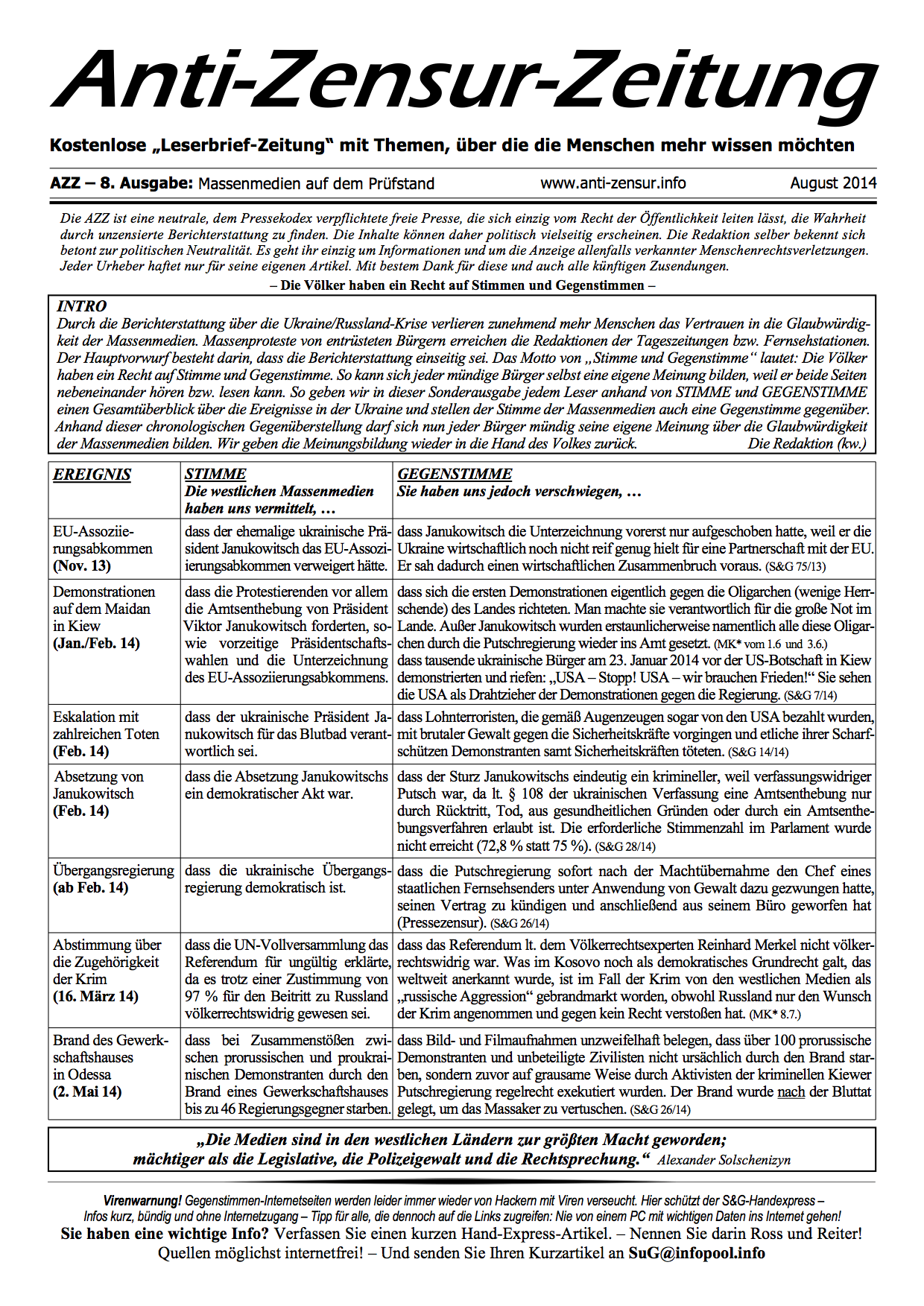 Die aktuelle AZZ zu der Ukraine/Russland-Krise AZZ - Massenmedien auf dem Prüfstand